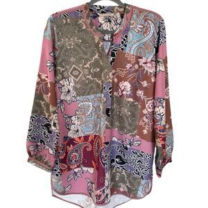 SOFT SURROUNDINGS Boho Patchwork Tunic Top Floral Paisley Mixed Print Large